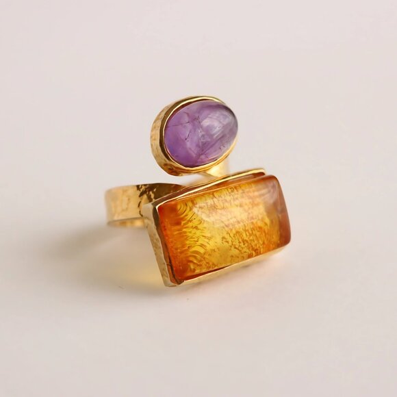 Baltic Amber And Amethyst Gold Ring- 14k Gold Plated s925 - Picture 5 of 8